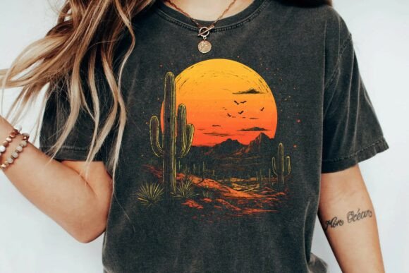Download Vintage Desert Sunset Cactus Mountain Retro Graphic T-Shirt Design Png - Retro Collection
